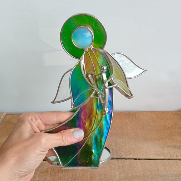 Vintage Stained Glass Green Angel + Harp Figurine, 3D Art, Christmas Nativity De - Picture 7 of 9